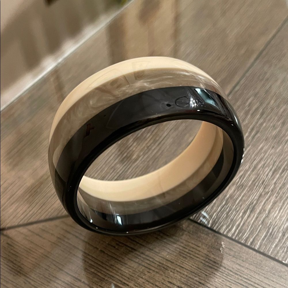 Vintage Wide Striped Acrylic Black, Grey & Cream Bangle Bracelet